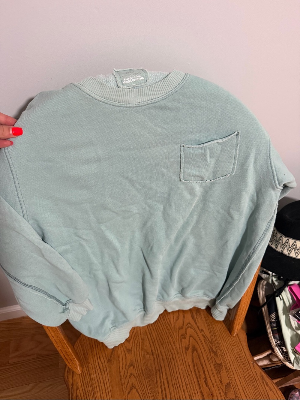 aerie pale aqua crewneck sweater with chest patch pocket
